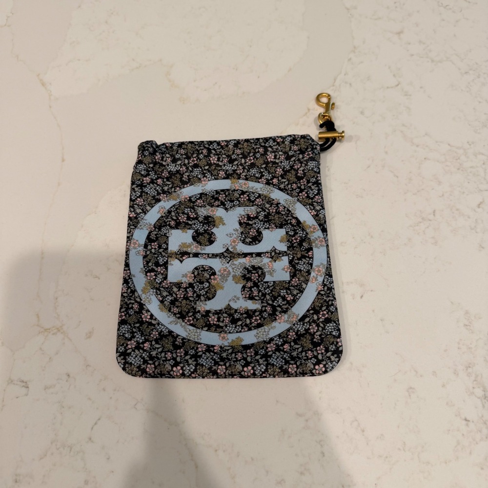 Tory Burch Floral Print Drawstring Pouch Blue Pink Gold Clip Small Accessory Bag